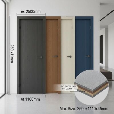 Interior WPC Door with Multiple Colors Available Max Size 2500mm x 1100mm x 45mm and PVC Film Thickness 0.14mm to 0.20mm